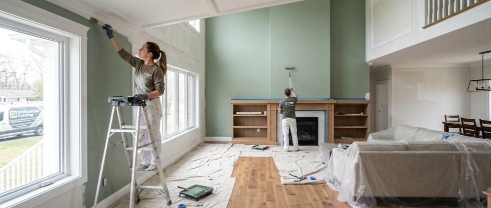 House painters painting walls and trim in a living room with ladder, covered furniture, and fireplace shelving